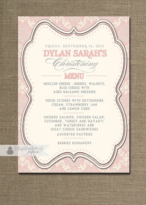 CHRISTENING PARTY MENU Baptism Party Pink Damask Baby Girl