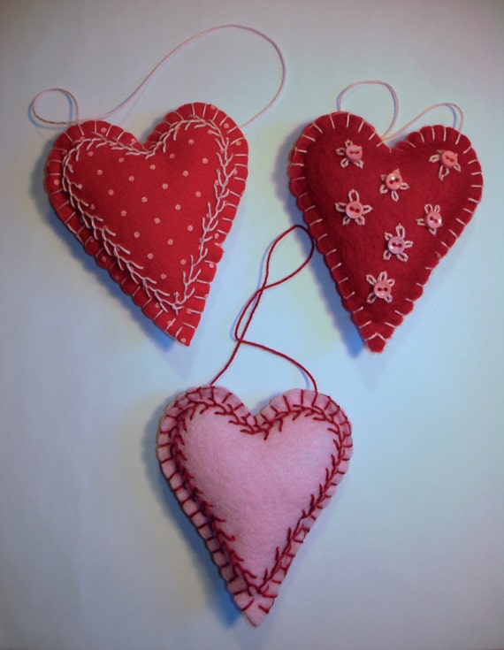 Trio of Hand Sewn Hand Embroidered Felt Heart Ornaments