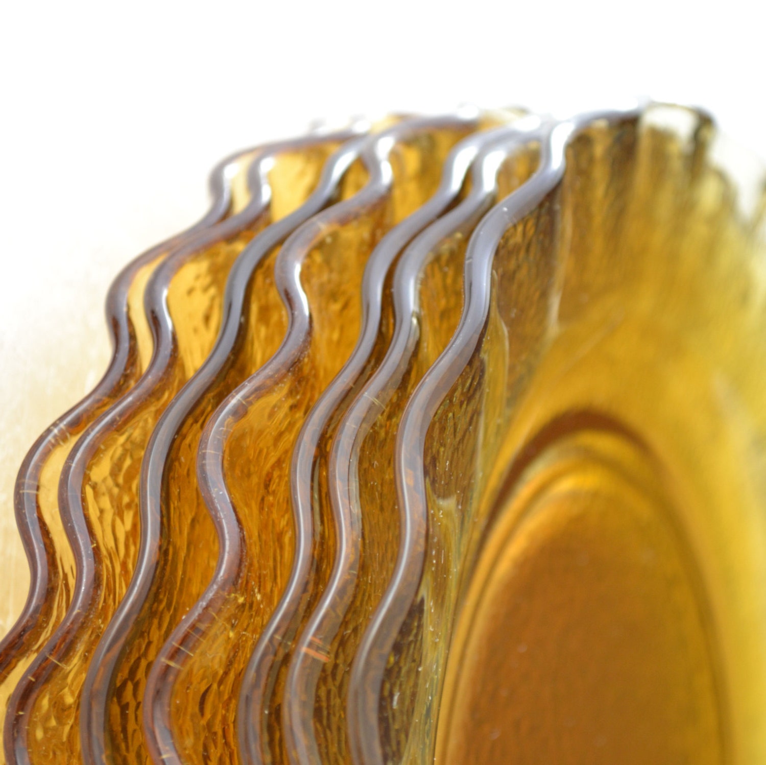 Amber Glass Dinner Plate Fluted Ruffle Edge Mid Century