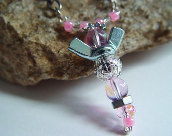 Baby Pink and Silver Beaded Wing Nut Angel Necklace