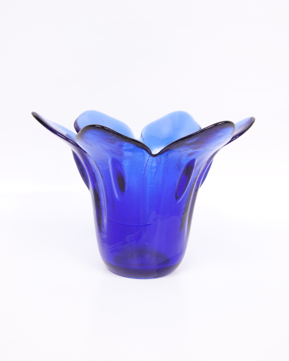 Flower Shaped Vase Cobalt Blue Tulip Candy Bowl Art Glass Made