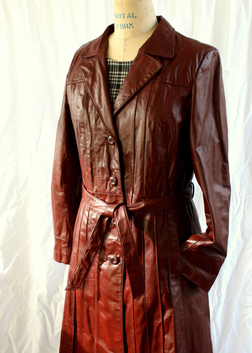 Red Leather Trench Coat Wilsons vintage 1970s size