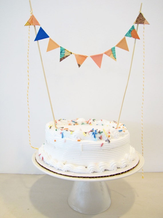 Fabric Cake Bunting Decoration - Cake Topper - Wedding, Birthday Party, Shower Decor "Tokyo Sunrise" Japanese print, cobalt, peach apricot