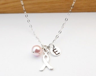 Breast Cancer Jewelry Breast Cancer Necklace Custom Initial & Pearl Breast Cancer Awareness Personalized, Sterling Silver, Gift for Survivor