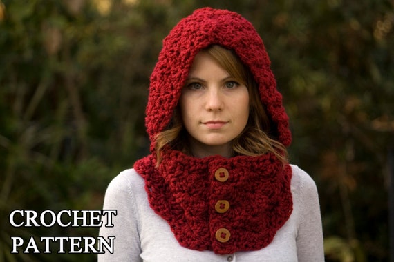 CROCHET PATTERN Hooded Cowl, Button Neck Warmer, Crochet Hoodie Instant Download
