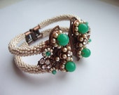 Vintage Green Bead Clamp Bracelet with Rhinestones And Pearls Antique Copper Hinged Bangle Vintage Style Jewelry Romantic Bracelet