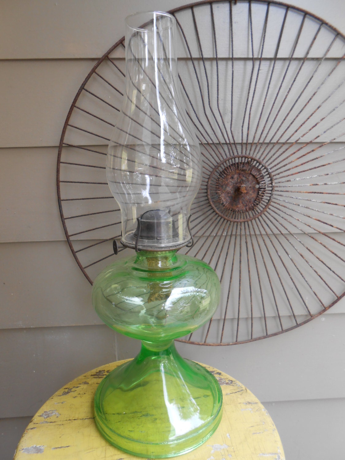 Antique Oil Lamp Depression Green Vaseline Glass 1566