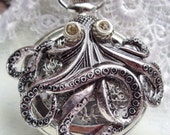 Octopus pocket watch, mens pocket watch with octopus mounted on front case in silver