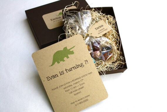 Dinosaur Birthday Party Invitation - Box Mailer, Candy Dinosaur Eggs, Personalized Tag, Shredded Wood Filler, Multi-Layered