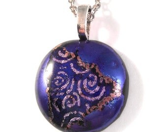 Cobalt Blue Swirl Dichroic fused Glass Circle Pendant Silver Necklace