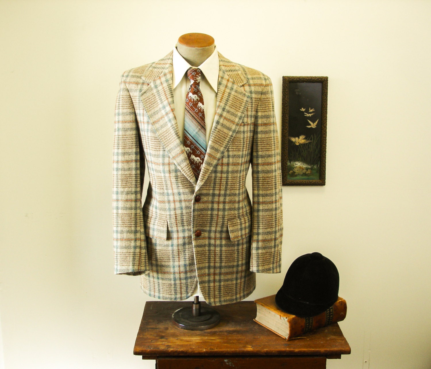 70s Wool Plaid Suit Jacket Mens Vintage Tan by TheNakedManVintage