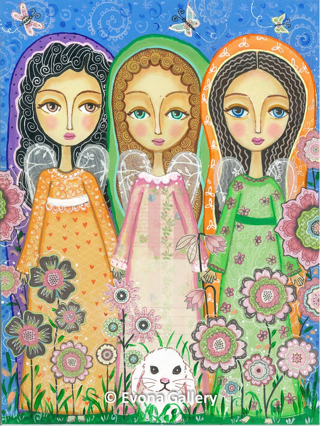 Folk Art Painting Three Beautiful Angels Print
