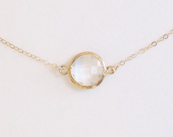 Crystal Clear Stone Necklace - Gold Filled Chain - Faceted Clear Dot in Gold - Classic Necklace