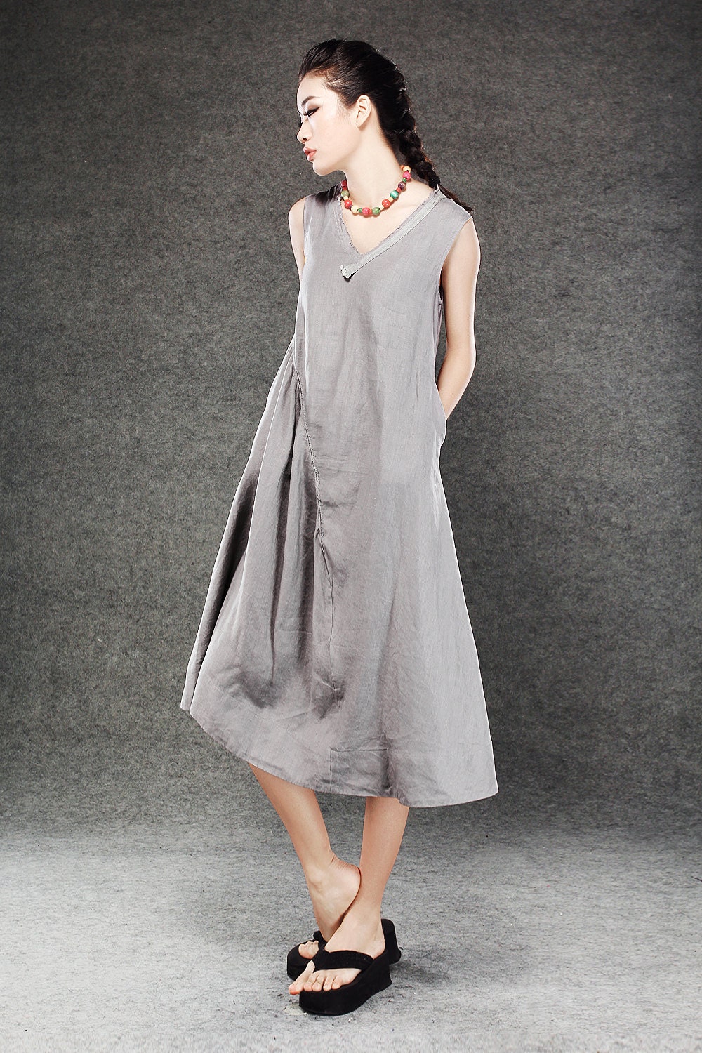Gray Linen Dress Lagenlook Midi Length Sleeveless V-Neck