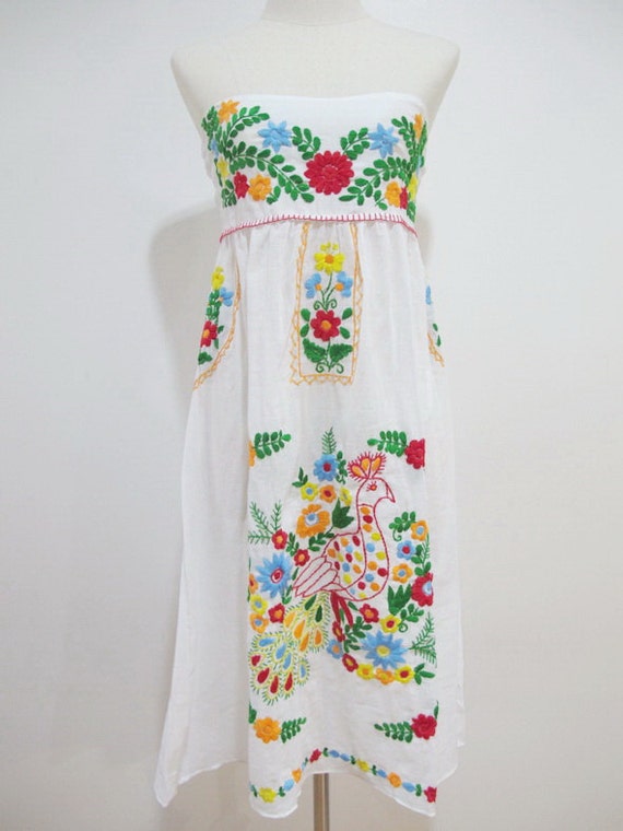 Mexican Embroidered Sundress Cotton Strapless In White With