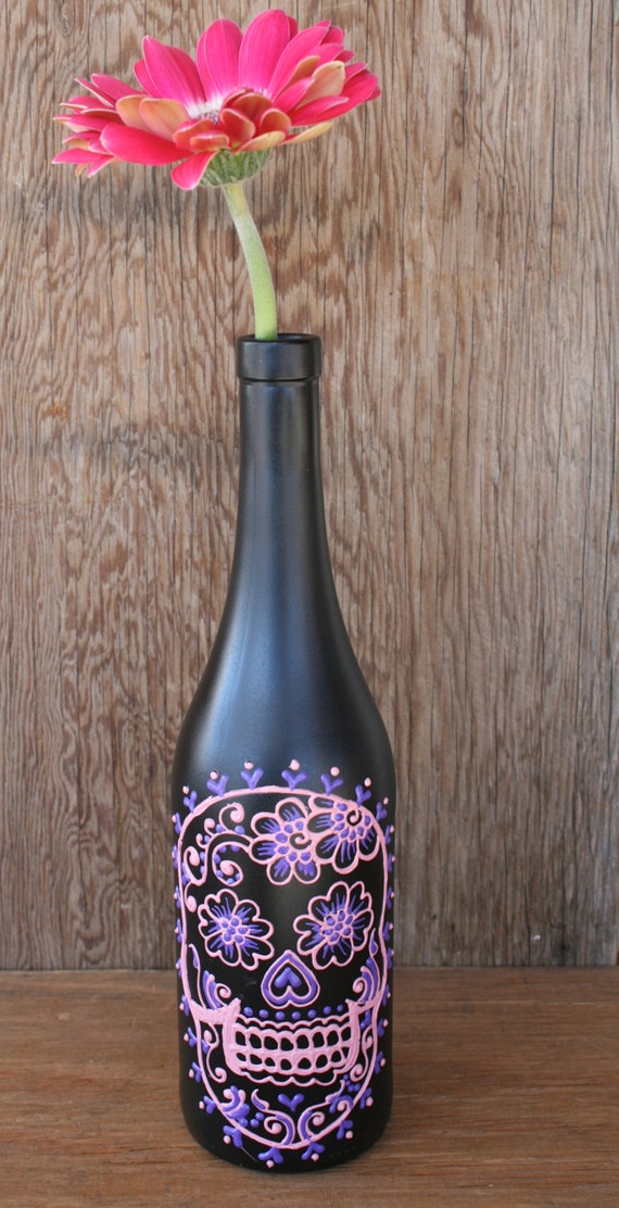 Sugar Skull Wine bottle Vase Up Cycled Day of the Dead