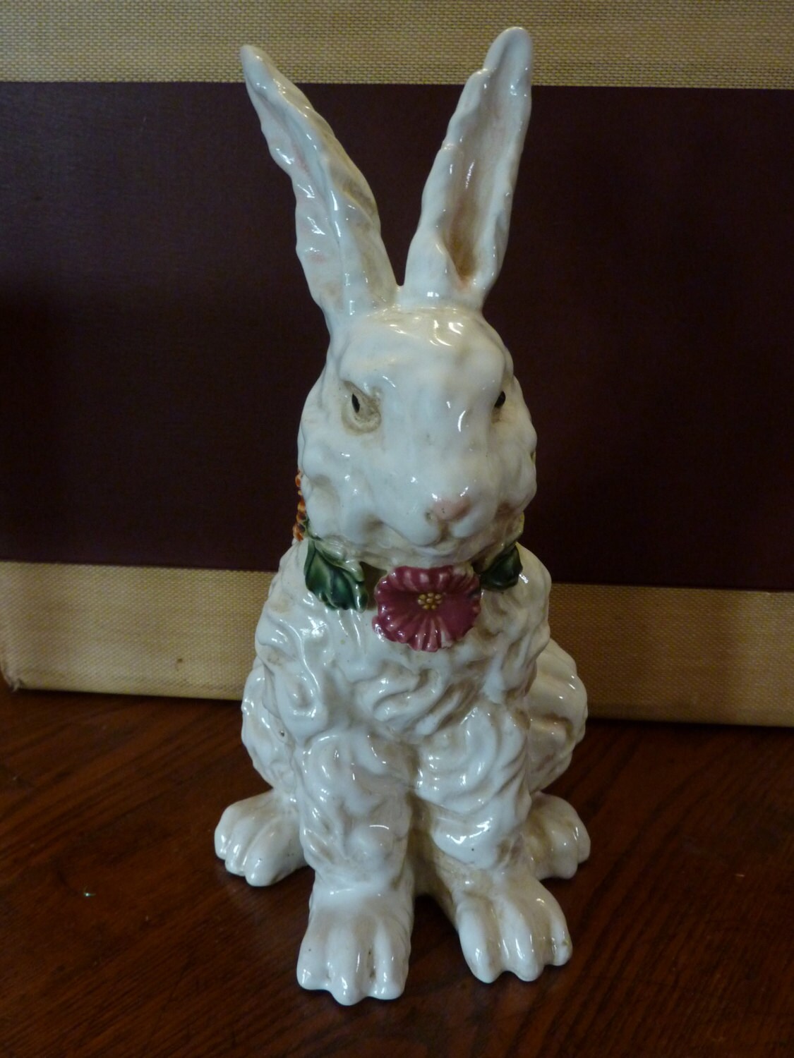 Large Vintage Ceramic Bunny With Floral Necklace