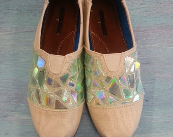 Funky Sequin Owl Hand Painted Birds Womens Canvas Shoes Flats
