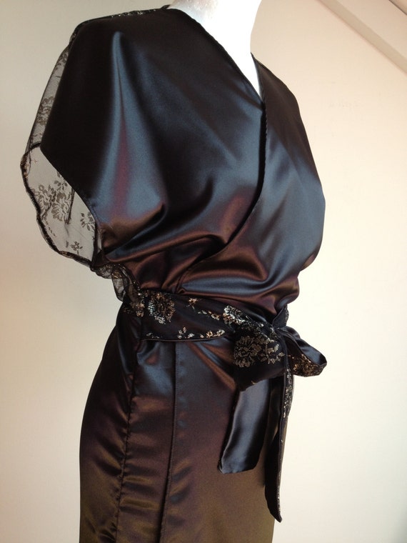 Black and Gold Robe Satin Silky Robe Floral Lace by evelinaapparel