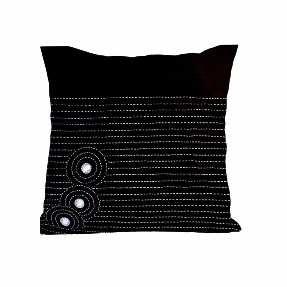 Items similar to Black linen throw pillows with Sashiko and crystals