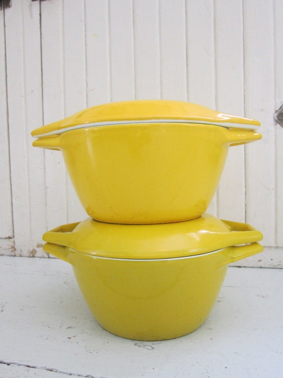 Set of Two Vintage Enamel/ Cast Iron Cookware Bright Yellow