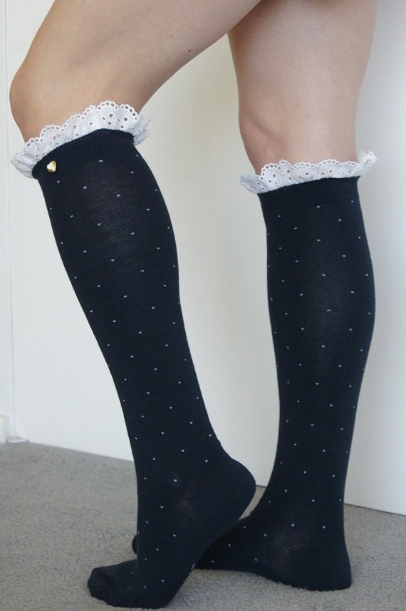 Navy Blue High Knee Socks Trim Embroidery White Lace by Eastalace