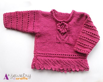 Pink sweater for toddler, cotton, hand knit, flowers, fuschia, bright, girl, children\u0027s sweaters, bright pink
