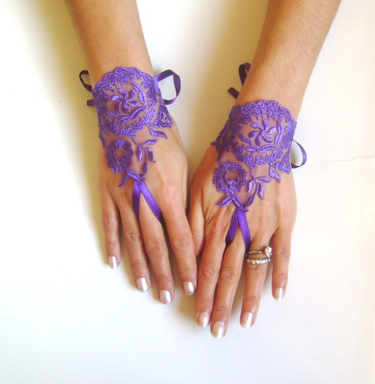 purple evening gloves