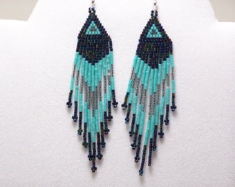 Southwestern Native American Beaded Earrings Made with Tiny Blue Iris, Turquoise Colored Glass Beads with Sterling Silver Ear wires