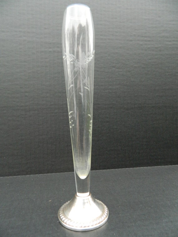 Items Similar To Vintage Etched Crystal Bud Vase With Delicate Floral Etchings And Sterling Base 5115