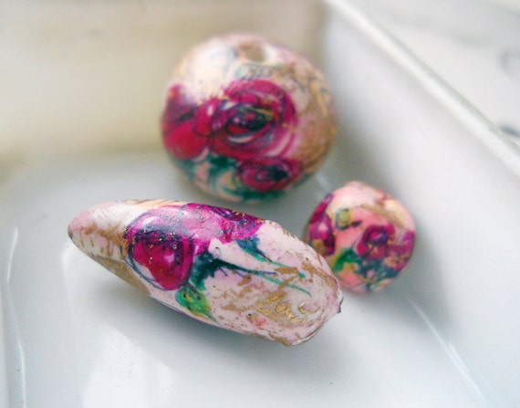 Handmade Polymer Clay Beads - 3 Picture Beads - Abstract Roses - Hand Illustrated Colorful Spring Floral Bead Set - Polymer Clay Beads