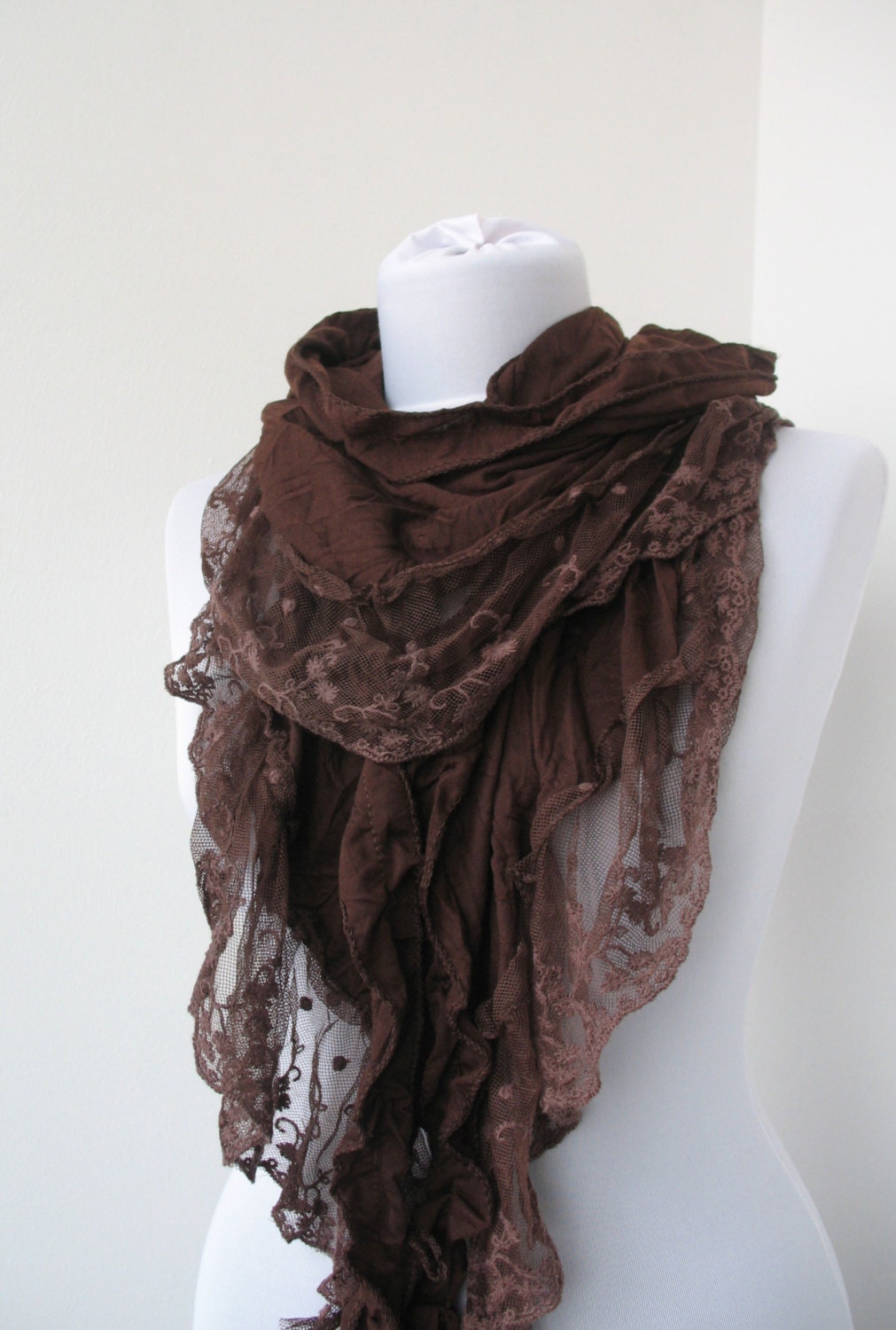 Brown Lace Scarf Soft Cotton Jersey Fabric Scarf Cowl