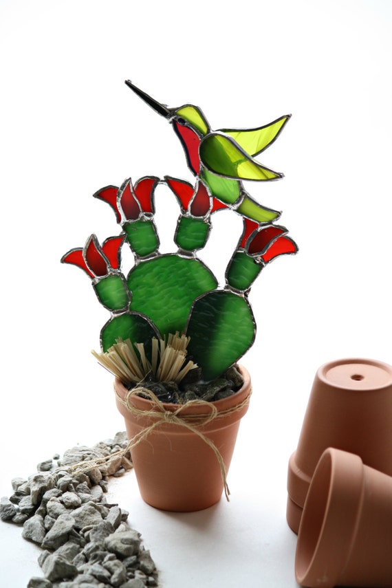 Stained Glass Suncatcher Hummingbird, Prickly Pear Cactus, 3d, Summer decor, Decorative