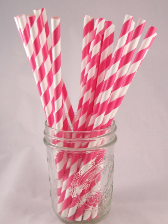 50 Hot Pink Stripe Straws - ships less than 24 hours Il_570xn