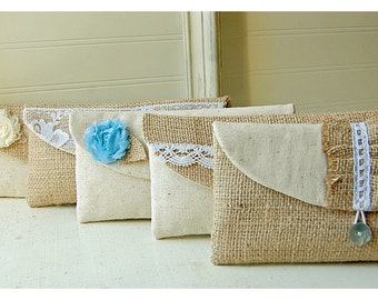 burlap lace wedding, clutch purse, rustic wedding, set 4, bridesmaid gift, bridesmaid clutch, Personalize bag, wedding clutch, bridal clutch