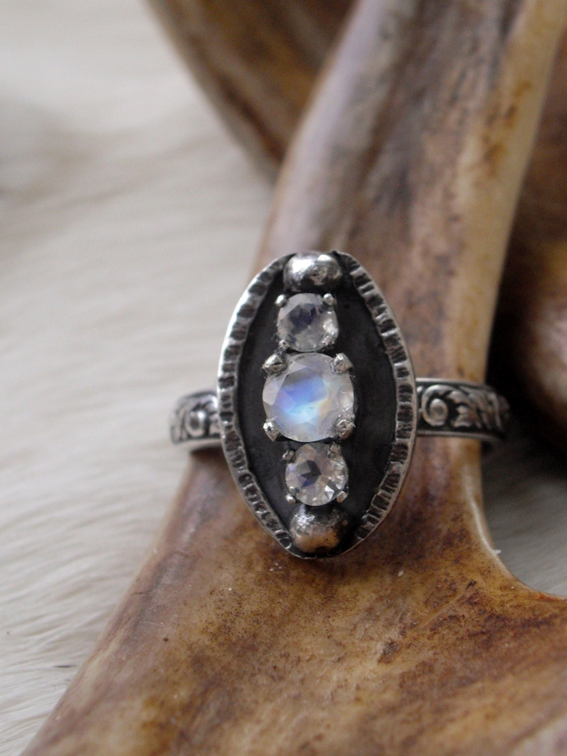 faceted round moonstone band ring in oxidized sterling