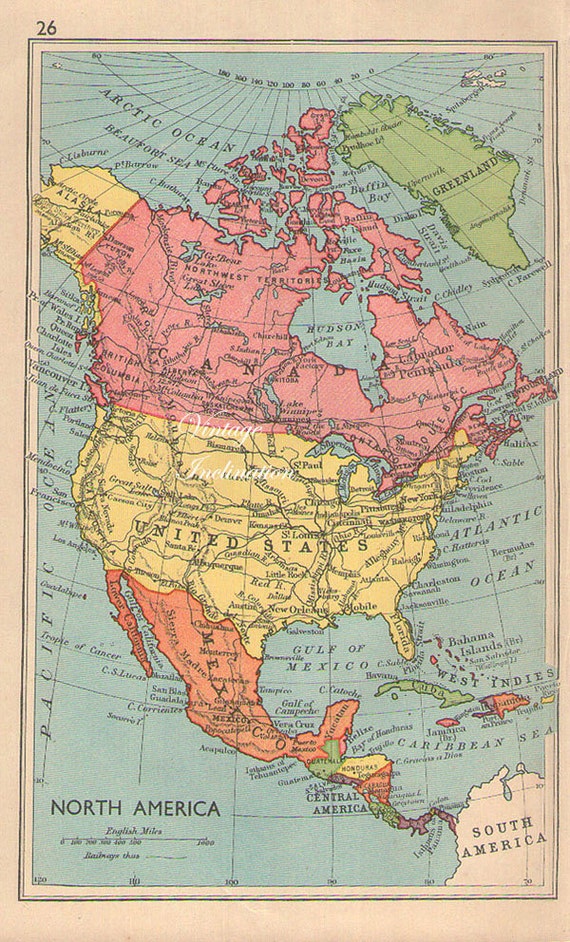 Vintage 1949 North America Map US USA by VintageInclination