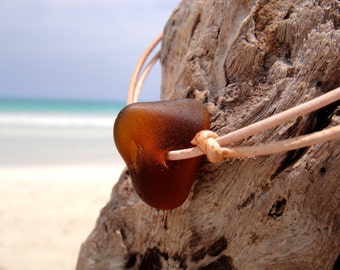 Hawaiian Amber Brown Beach Glass on India Leather Cord Completely Adjustable & Stackable Bracelet