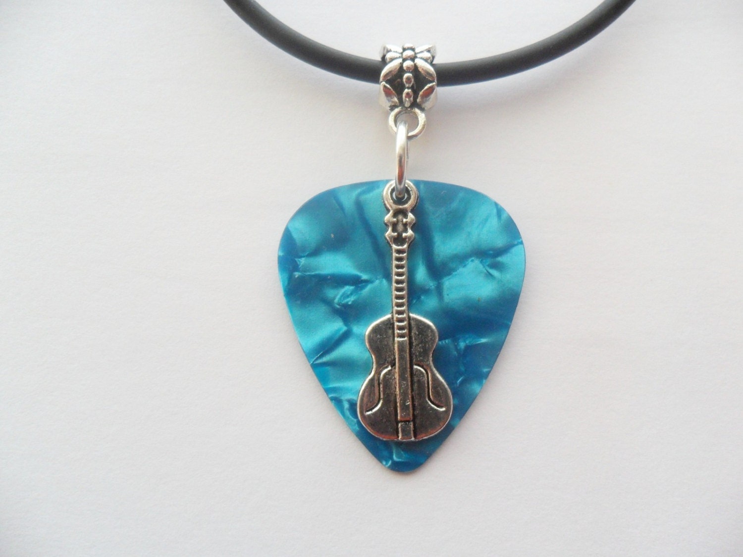 Turquoise guitar pick necklace with guitar charm and