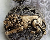 Lion pocket watch, men's pocket watch with hunting lion mounted on front cover