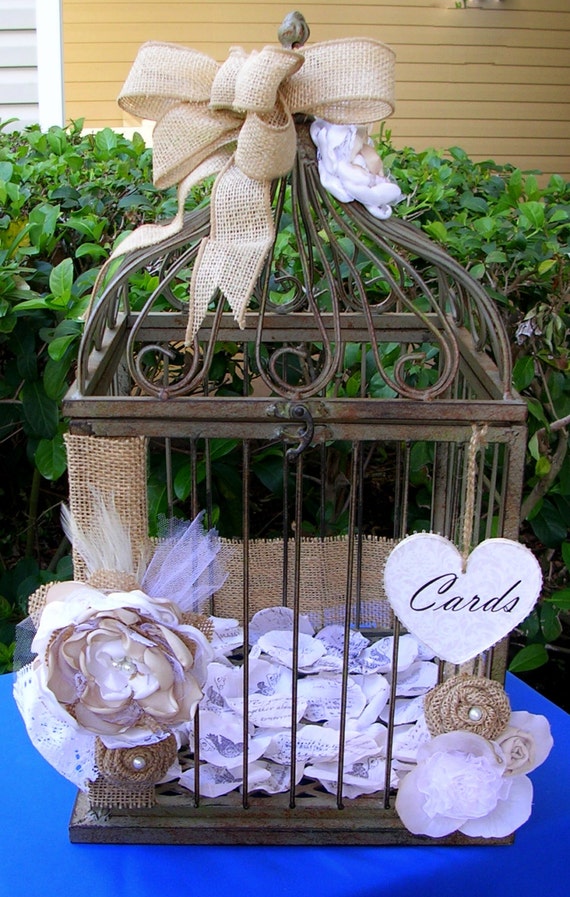 Birdcage Wedding Card Holder Vintage Rustic with Burlap