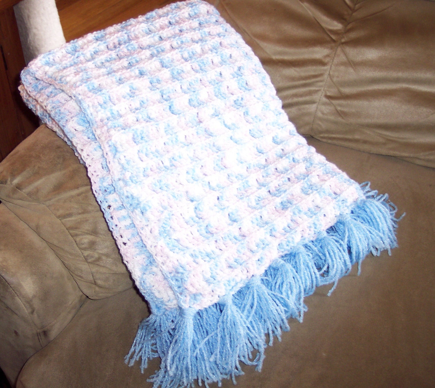 Afghan Lap blanket Acrylic Blue Sparkle Yarn Crocheted
