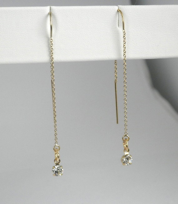 14k Gold Filled Ear Thread Earrings with Clear Swarovski Crystal Drop ...
