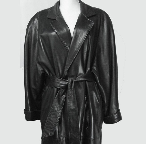 Vintage Black Leather Trench Coat 1980's Long Belted