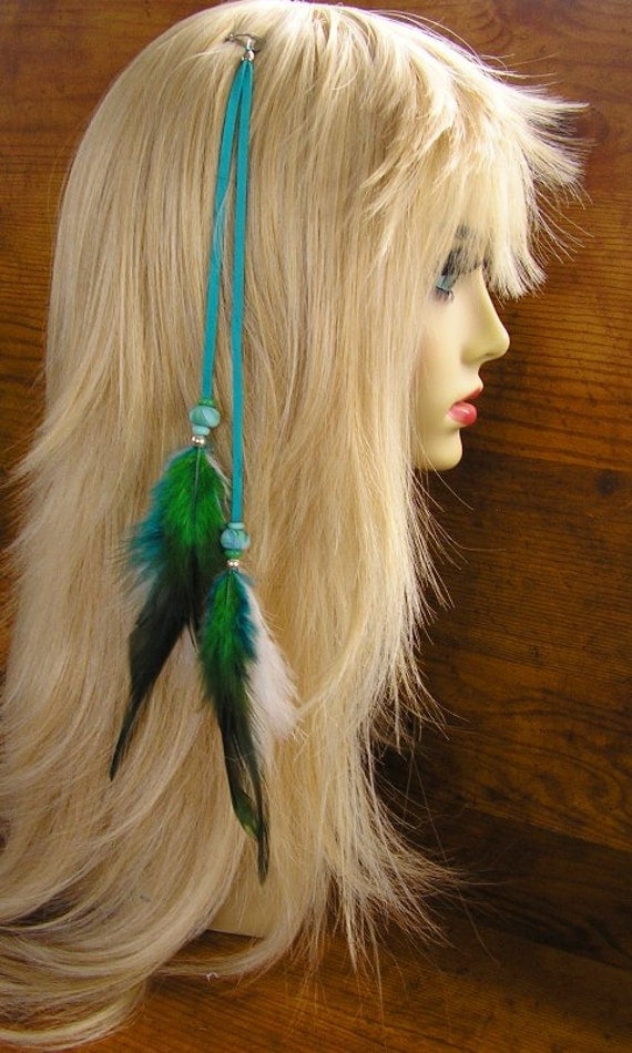 14 Feather Hair Extension Beaded Turquoise by EnchantedLeather