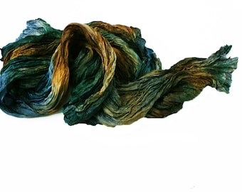 hand dyed silk scarf - Kings Tale - brown, green, emerald, blue, navy blue silk scarf.
