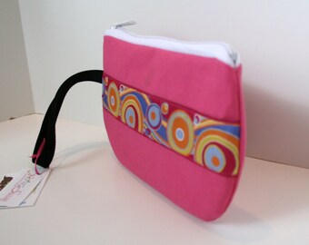 Bright Pink Fabric Wristlet, IPhone Wristlet, SmartPhone Wristlet, Zippered Wristlet