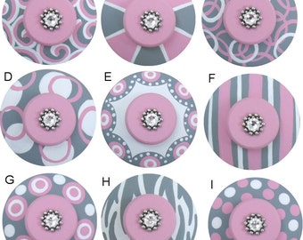 Gray Pink and White Hand Painted Swarovski Crystal Jeweled Decorative Dresser Nursery Kids Teen Room Drawer Pulls Knobs Choose Your Designs