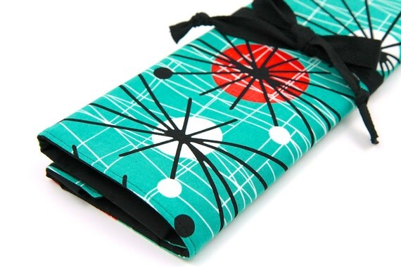Large Knitting Needle Case - Atomic - 30 black pockets for straights, circulars and dpns plus accessories