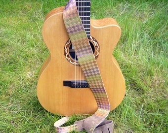 Sunset and Brown Checkered Leather Guitar Strap